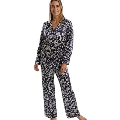 Marlon Women's Bea Piped Printed Satin Pyjama Pajama Set With Revere Collar Marlon Women's Bea Piped Printed Satin Pyjama Pajama Set With Revere Collar
