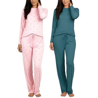 Real Essentials 2 Pack: Women's Pajama Set Choose from Short Sleeve with Pocket or Long Sleeve without Pocket, Set F Green & Pink, S Real Essentials 2 Pack: Women's Pajama Set Choose from Short Sleeve with Pocket or Long Sleeve without Pocket, Set F Green & Pink, S