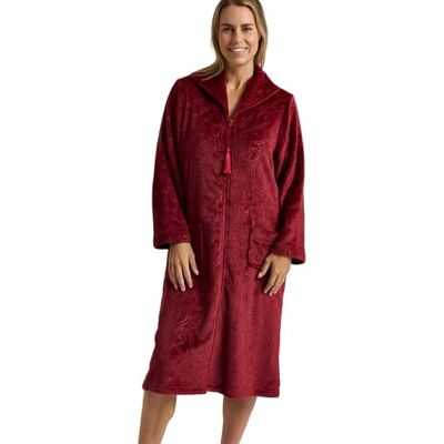 Marlon Womens Serena Zip Front Embossed Fleece Housecoat Zip Up Bath Robe, Claret Swirl, L Marlon Womens Serena Zip Front Embossed Fleece Housecoat Zip Up Bath Robe, Claret Swirl, L