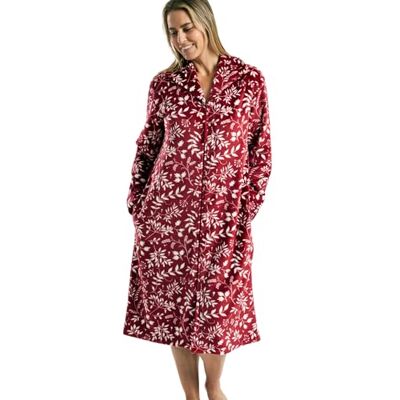 Marlon Womens Serena Zip Front Printed Fleece Housecoat Zip Up Bath Robe, Deep Cherry, S Marlon Womens Serena Zip Front Printed Fleece Housecoat Zip Up Bath Robe, Deep Cherry, S
