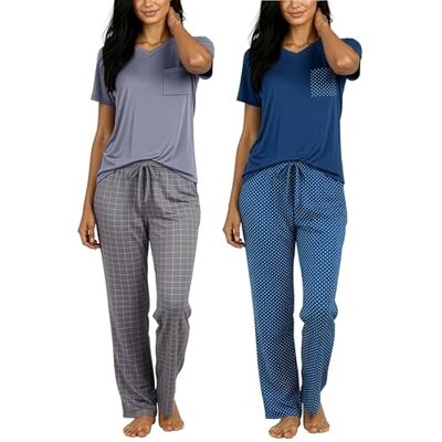 Real Essentials 2 Pack Women's Pajama Sets Short Sleeve Sleepwear Comfy Cute Loungewear PJ Available In Plus Size, Soft Silky, 2 Piece Lounge Pants & Tops, Matching Ladies Summer Night Sleep Wear, Pijamas De Mujer Real Essentials 2 Pack Women's Pajama Sets Short Sleeve Sleepwear Comfy Cute Loungewear PJ Available In Plus Size, Soft Silky, 2 Piece Lounge Pants & Tops, Matching Ladies Summer Night Sleep Wear, Pijamas De Mujer