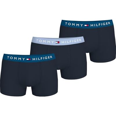 Tommy Hilfiger Men’s 3 Pack Trunks with Logo Waistband, Multicolor (Dp Indgo/Brzzy Blu/Blu Hth), S Tommy Hilfiger Men’s 3 Pack Trunks with Logo Waistband, Multicolor (Dp Indgo/Brzzy Blu/Blu Hth), S