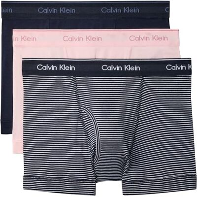 Calvin Klein Men’s 3 Pack Trunks with Logo Waistband, Multicolor (Horizon Pink/Hairline Stripe Shorel), L Calvin Klein Men’s 3 Pack Trunks with Logo Waistband, Multicolor (Horizon Pink/Hairline Stripe Shorel), L