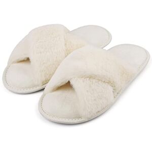 riemot Fluffy Slippers for Women, Open Toe Faux Fur Cross Band House Slippers, Soft Cosy Ladies Slippers with Textured TPR Sole for Bedroom and Home, Beige UK 7/8 riemot Fluffy Slippers for Women, Open Toe Faux Fur Cross Band House Slippers, Soft Cosy Ladies Slippers with Textured TPR Sole for Bedroom and Home, Beige UK 7/8