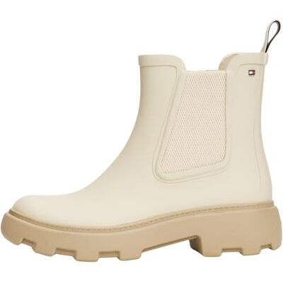 Tommy Hilfiger Women’s Rubber Rainboots with Block Heel, Off-White (Newsprint), 3.5 Tommy Hilfiger Women’s Rubber Rainboots with Block Heel, Off-White (Newsprint), 3.5