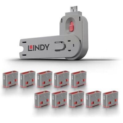 LINDY USB Type A Port Blocker- Pack of 10 Blockers + Key, Pink LINDY USB Type A Port Blocker- Pack of 10 Blockers + Key, Pink