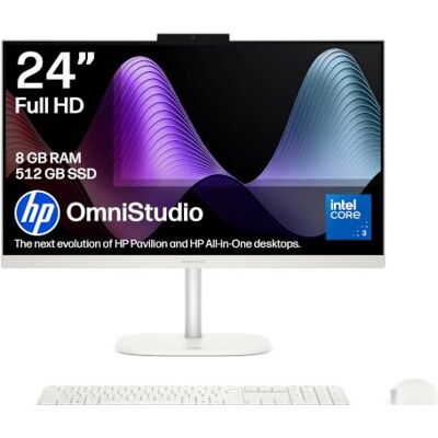 HP OmniStudio 24” All-in-One PC Intel Core 3 100U 8GB RAM 512GB SSD Intel Graphics 24” Full HD Display Dual Speakers Wireless Keyboard & Mouse Windows 11 White 24-cu0000sa HP OmniStudio 24” All-in-One PC Intel Core 3 100U 8GB RAM 512GB SSD Intel Graphics 24” Full HD Display Dual Speakers Wireless Keyboard & Mouse Windows 11 White 24-cu0000sa