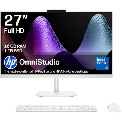 HP OmniStudio 27” All-in-One PC Intel Core 5 120U 16GB RAM 1TB SSD Intel Graphics 27” Full HD Display Dual Speakers Wireless Keyboard & Mouse Windows 11 White 27-cu0001sa HP OmniStudio 27” All-in-One PC Intel Core 5 120U 16GB RAM 1TB SSD Intel Graphics 27” Full HD Display Dual Speakers Wireless Keyboard & Mouse Windows 11 White 27-cu0001sa