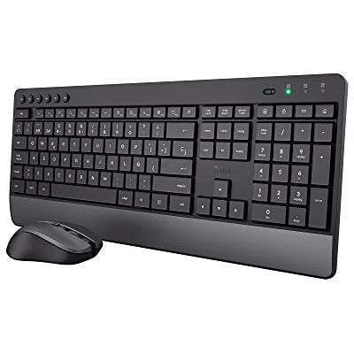 Trust Trezo Spanish QWERTY Wireless Keyboard and Mouse, Sustainable Design, Silent and Ergonomic Keyboard, Wrist Rest, 48 Months of Battery, 2.4 GHz, Mac, PC, Laptop Trust Trezo Spanish QWERTY Wireless Keyboard and Mouse, Sustainable Design, Silent and Ergonomic Keyboard, Wrist Rest, 48 Months of Battery, 2.4 GHz, Mac, PC, Laptop