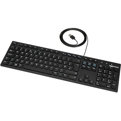 Amazon Basics Full size Wired Keyboard Compatible with Laptop PC Tablet, USB Plug-and-Play, QWERTY UK Layout, Matt Black Amazon Basics Full size Wired Keyboard Compatible with Laptop PC Tablet, USB Plug-and-Play, QWERTY UK Layout, Matt Black