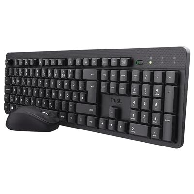 Trust Ymo II Quiet Keyboard Mouse Set Wireless German QWERTZ Layout, Flat Keys, Splashproof, Ambidextrous Wireless Mouse 800-1600 DPI, One USB Receiver, for PC, Computer, Laptop, Mac Trust Ymo II Quiet Keyboard Mouse Set Wireless German QWERTZ Layout, Flat Keys, Splashproof, Ambidextrous Wireless Mouse 800-1600 DPI, One USB Receiver, for PC, Computer, Laptop, Mac