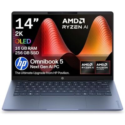HP OmniBook 5 Next Gen AI Laptop AMD Ryzen AI 5 16GB RAM 256GB SSD 14” 2K OLED Display AMD Radeon 820M Graphics Fast Charge Windows 11 14-hm0003sax Blue Charger Sold Separately HP OmniBook 5 Next Gen AI Laptop AMD Ryzen AI 5 16GB RAM 256GB SSD 14” 2K OLED Display AMD Radeon 820M Graphics Fast Charge Windows 11 14-hm0003sax Blue Charger Sold Separately