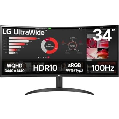 LG UltraWide Curved PC Monitor 34WR50QK, 34 inch, 1440p, 100Hz, 5ms Response Time, VA Panel, Smart Energy Saving, Displayport, HDMI LG UltraWide Curved PC Monitor 34WR50QK, 34 inch, 1440p, 100Hz, 5ms Response Time, VA Panel, Smart Energy Saving, Displayport, HDMI