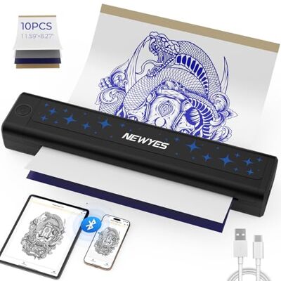 NEWYES A4 Portable Wireless Thermal Printer, Bluetooth Mobile Travel Copier Compatible with Phone Tablet & PC, Inkless Stencil Machine (Tattoo Printer + 10 Stencil Papers) NEWYES A4 Portable Wireless Thermal Printer, Bluetooth Mobile Travel Copier Compatible with Phone Tablet & PC, Inkless Stencil Machine (Tattoo Printer + 10 Stencil Papers)
