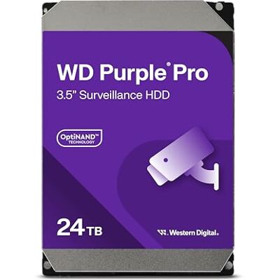 WD Purple Pro 24TB Smart Video 3.5" Internal Hard Drive, AllFrame AI Technology, 7200 RPM, SATA 6 GB/s, 550TB/yr, 512MB Cache WD Purple Pro 24TB Smart Video 3.5" Internal Hard Drive, AllFrame AI Technology, 7200 RPM, SATA 6 GB/s, 550TB/yr, 512MB Cache