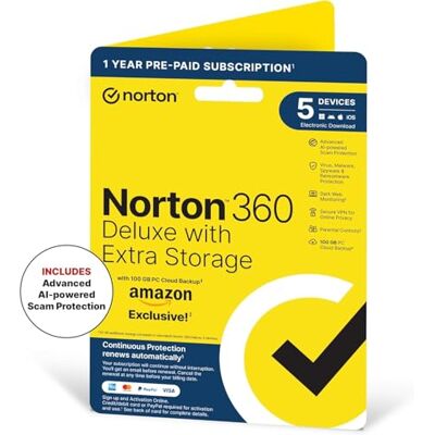 Symantec NORTON 360 DELUXE PLUS 100GB IN 1 USER 5 DEVICE 12MO AMAZON ENR DVDSLV Symantec NORTON 360 DELUXE PLUS 100GB IN 1 USER 5 DEVICE 12MO AMAZON ENR DVDSLV