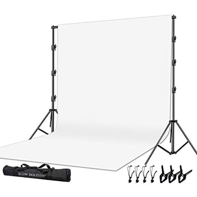SLOW DOLPHIN Photo Video Studio 10 x12ft 100% Cotton White Muslin Backdrop with 10 x 10ft Stand Photography Background Support System Kit Clamp, Clips,Carry Bag SLOW DOLPHIN Photo Video Studio 10 x12ft 100% Cotton White Muslin Backdrop with 10 x 10ft Stand Photography Background Support System Kit Clamp, Clips,Carry Bag