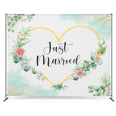 Zink Wedding Photo Backdrop Wrinkle-Free 4.5 Ft x 6 Ft Photo Studio Backdrop with Floral Design and Just Married Text Zink Wedding Photo Backdrop Wrinkle-Free 4.5 Ft x 6 Ft Photo Studio Backdrop with Floral Design and Just Married Text