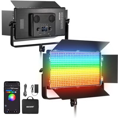NEEWER 105W RGB LED Panel Video Light Kit with Barn Doors, 1200 LEDs 31500Lux/0.5m 2500K-10000K CRI96+/TLCI97+ Dimmable, APP/2.4G/Panel/DMX Control, Studio Photography Video Recording Lighting, AP100C NEEWER 105W RGB LED Panel Video Light Kit with Barn Doors, 1200 LEDs 31500Lux/0.5m 2500K-10000K CRI96+/TLCI97+ Dimmable, APP/2.4G/Panel/DMX Control, Studio Photography Video Recording Lighting, AP100C
