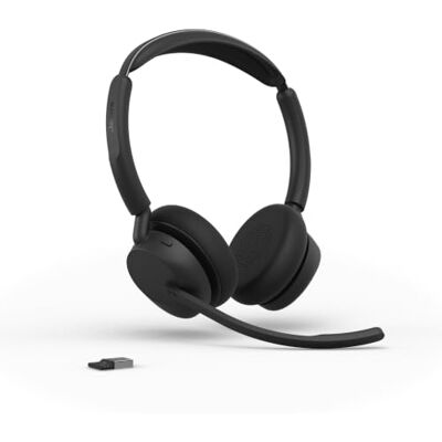 Jabra Evolve3 45 Dual-Ear Wireless Bluetooth Headset with Mic, USB-A, UC USB-A Bluetooth Adapter, 21h Battery, Lightweight, Flip-to-Mute Boom Arm, Works with Online Meeting Apps, Black Jabra Evolve3 45 Dual-Ear Wireless Bluetooth Headset with Mic, USB-A, UC USB-A Bluetooth Adapter, 21h Battery, Lightweight, Flip-to-Mute Boom Arm, Works with Online Meeting Apps, Black