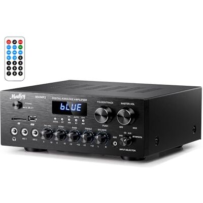 Moukey Stereo Power Audio Amplifier 220W Bluetooth 5.0, 2.0 Channel Stereo Audio Receiver with USB, SD, AUX, RCA, MIC in with Echo, Radio, LED for Home Theater Speakers, Studio, MAMP1 Moukey Stereo Power Audio Amplifier 220W Bluetooth 5.0, 2.0 Channel Stereo Audio Receiver with USB, SD, AUX, RCA, MIC in with Echo, Radio, LED for Home Theater Speakers, Studio, MAMP1
