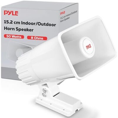 Pyle PA Horn Speaker Indoor Outdoor, 15.24cm 8 Ohm 50W Peak Wall Mount Loudspeaker with Bracket, Public Address System, Emergency Audio, PA Speaker for School Warehouse Alarm Use, White Pyle PA Horn Speaker Indoor Outdoor, 15.24cm 8 Ohm 50W Peak Wall Mount Loudspeaker with Bracket, Public Address System, Emergency Audio, PA Speaker for School Warehouse Alarm Use, White