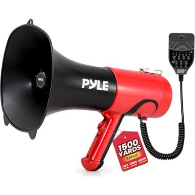 Pyle Portable Megaphone Bullhorn Bluetooth Compatible PA Speaker with Built-in Voice Changer, 1500 Yard Range, Siren, 100W Adjustable Vol Control, Loudspeaker for Outdoor Sports & Safety Drills Pyle Portable Megaphone Bullhorn Bluetooth Compatible PA Speaker with Built-in Voice Changer, 1500 Yard Range, Siren, 100W Adjustable Vol Control, Loudspeaker for Outdoor Sports & Safety Drills