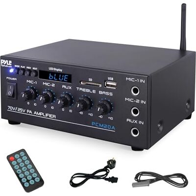 Pyle Compact Mini Home Power Amplifier 40W Smart Small Audio Stereo Receiver w/AUX, 2 Microphone IN, COM/8-Ohm/25V/70V Speakers, LED, Input Selector, For PA, Amplified Speaker Sound System Pyle Compact Mini Home Power Amplifier 40W Smart Small Audio Stereo Receiver w/AUX, 2 Microphone IN, COM/8-Ohm/25V/70V Speakers, LED, Input Selector, For PA, Amplified Speaker Sound System