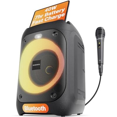 Oakcastle Portable Bluetooth Party Speaker 40W Power & Rechargeable Battery up to 7H Karaoke machine 2.0 Stereo PA Speaker with Wired Microphone Included Party LED Lights & EQ Control PS100 Oakcastle Portable Bluetooth Party Speaker 40W Power & Rechargeable Battery up to 7H Karaoke machine 2.0 Stereo PA Speaker with Wired Microphone Included Party LED Lights & EQ Control PS100