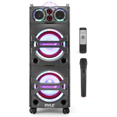 Pyle Dual 10" Portable PA Speaker Bluetooth Party Speaker 2000W with Microphone High Power Rolling DJ Speaker with LED Lights USB SD AUX FM Radio Pyle Dual 10" Portable PA Speaker Bluetooth Party Speaker 2000W with Microphone High Power Rolling DJ Speaker with LED Lights USB SD AUX FM Radio