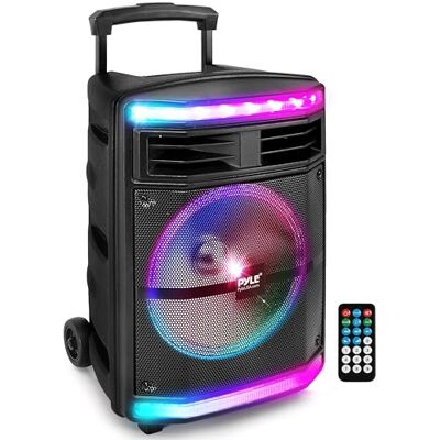 Pyle , Portable PA Speaker, Bluetooth Loudspeakers with Rolling Wheels, 600W Rechargeable Battery, Portable Pa System, DJ Speakers, Powerful Loudspeaker with Party Lights, MP3/USB/SD Card Reader Pyle , Portable PA Speaker, Bluetooth Loudspeakers with Rolling Wheels, 600W Rechargeable Battery, Portable Pa System, DJ Speakers, Powerful Loudspeaker with Party Lights, MP3/USB/SD Card Reader