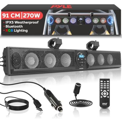Pyle 36" Waterproof Marine Sound Bar Speaker – Bluetooth ATV UTV Audio IPX5 Weather-Resistant, 270W Peak Power, 6x4" Woofers, 2x1" Tweeters, RGB Lighting, USB & AUX Playback, Aluminium Alloy Build Pyle 36" Waterproof Marine Sound Bar Speaker – Bluetooth ATV UTV Audio IPX5 Weather-Resistant, 270W Peak Power, 6x4" Woofers, 2x1" Tweeters, RGB Lighting, USB & AUX Playback, Aluminium Alloy Build