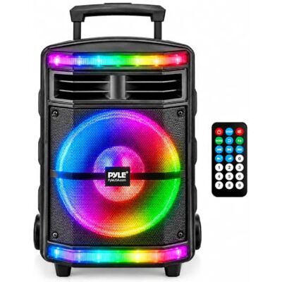 Pyle Portable Bluetooth PA Speaker System 600W Bluetooth Speaker Portable PA System w/Rechargeable Battery 1/4" Microphone In, Party Lights, MP3/USB SD Card Reader, Rolling Wheels Pyle Portable Bluetooth PA Speaker System 600W Bluetooth Speaker Portable PA System w/Rechargeable Battery 1/4" Microphone In, Party Lights, MP3/USB SD Card Reader, Rolling Wheels
