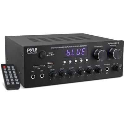 Pyle Stereo Amplifier Audio Receiver with Remote Control Bluetooth Streaming, MP3/USB/SD/FM Radio, 2.0 Channel HiFi Sound System with RCA/Aux Inputs, Microphone & Headphone Jacks, Adjustable Bass Pyle Stereo Amplifier Audio Receiver with Remote Control Bluetooth Streaming, MP3/USB/SD/FM Radio, 2.0 Channel HiFi Sound System with RCA/Aux Inputs, Microphone & Headphone Jacks, Adjustable Bass