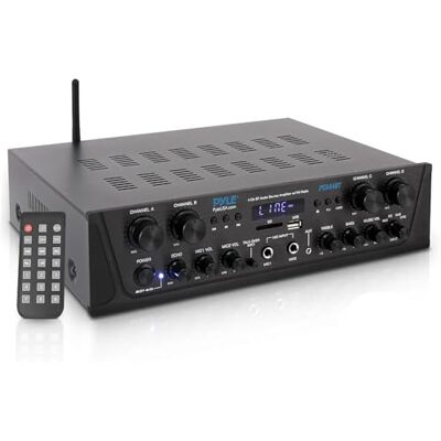 Pyle Bluetooth Amplifier for Turntable, HiFi Stereo – 500W 4-Channel Audio Receiver with AUX, USB & Mic Input, Compact Home Amp for Speakers EQ, Talk-Over, Echo Control, Tabletop Mount Pyle Bluetooth Amplifier for Turntable, HiFi Stereo – 500W 4-Channel Audio Receiver with AUX, USB & Mic Input, Compact Home Amp for Speakers EQ, Talk-Over, Echo Control, Tabletop Mount