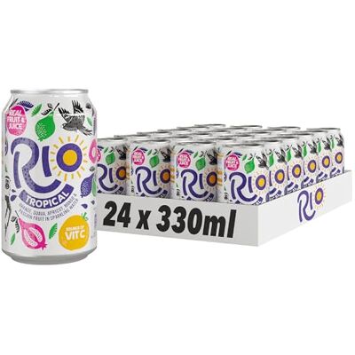 Rio Tropical Original Fizzy 24 Cans Soft Drink Pack with Real Orange, Apricot, Mango, Passion Fruit and Guava Juice Flavours Lightly Sparkling Cans of Pop with Vitamin C 24x330ml Rio Tropical Original Fizzy 24 Cans Soft Drink Pack with Real Orange, Apricot, Mango, Passion Fruit and Guava Juice Flavours Lightly Sparkling Cans of Pop with Vitamin C 24x330ml