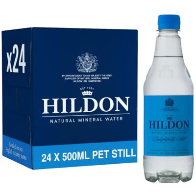 Hildon Natural Mineral Water 24 x 500ml PET bottles Delightfully Still Sourced from a natural aquifer nestled on our Chalk Valley estate Low Sodium, Naturally Alkaline, Kings Royal Warrant Hildon Natural Mineral Water 24 x 500ml PET bottles Delightfully Still Sourced from a natural aquifer nestled on our Chalk Valley estate Low Sodium, Naturally Alkaline, Kings Royal Warrant