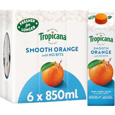 Tropicana Orange Fruit Juice with No Bits Long Life Pure Orange Juice, No Added Sugar, No Added Artificial Flavours, with Vitamin C Breakfast Drink 6 x 850ml Tropicana Orange Fruit Juice with No Bits Long Life Pure Orange Juice, No Added Sugar, No Added Artificial Flavours, with Vitamin C Breakfast Drink 6 x 850ml