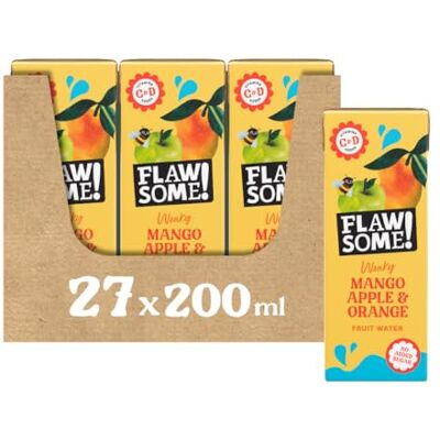 Flawsome ! Apple, Mango & Orange Wonky Fruit Water Pressed Juice (75%), Still Water, Iron, Vitamins C and D 200ml x 27 Pack Cartons School Approved No Added Sugar Perfect for lunch boxes Flawsome ! Apple, Mango & Orange Wonky Fruit Water Pressed Juice (75%), Still Water, Iron, Vitamins C and D 200ml x 27 Pack Cartons School Approved No Added Sugar Perfect for lunch boxes