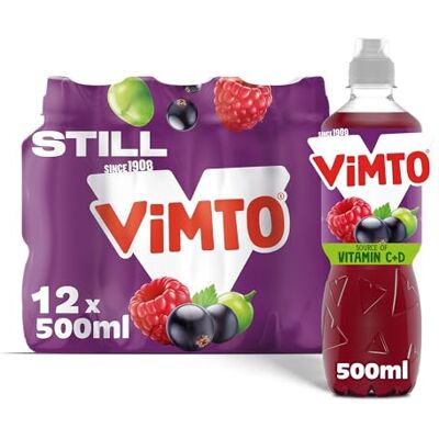 Vimto Still Juice Drink Blackcurrant, Grape & Raspberry – Real Fruit Vitamins C & D – 12 x 500ml Bottles – HFSS Compliant Vimto Still Juice Drink Blackcurrant, Grape & Raspberry – Real Fruit Vitamins C & D – 12 x 500ml Bottles – HFSS Compliant