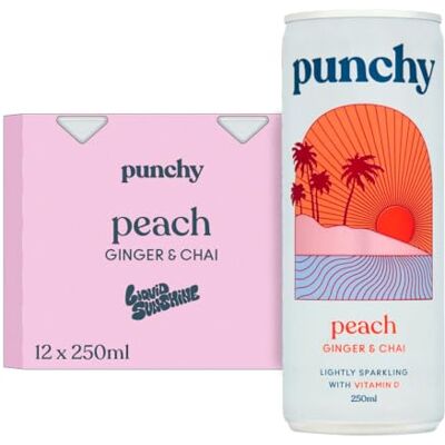PUNCHY Drinks Peach, Ginger & Chai Premium Soft Drink, Mixer, Sparkling Water, Vitamin D, All Natural, Low Calorie, Non Alcoholic 12 x 250ml PUNCHY Drinks Peach, Ginger & Chai Premium Soft Drink, Mixer, Sparkling Water, Vitamin D, All Natural, Low Calorie, Non Alcoholic 12 x 250ml