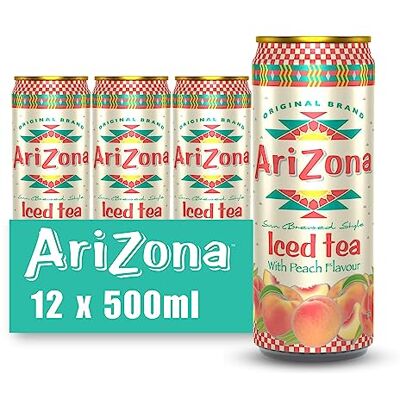 Arizona Peach Iced Tea, Pack of 12 x 500ml Cans, Black Tea with Peach Juice, No Artificial Colours or Preservatives Arizona Peach Iced Tea, Pack of 12 x 500ml Cans, Black Tea with Peach Juice, No Artificial Colours or Preservatives