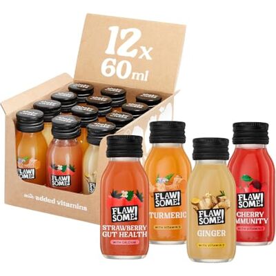 Flawsome ! Vitamin & Prebiotic Shots Variety Pack (12x60ml) Packed with Vitamin C & D & Prebiotic Fibre Whole Ingredients, Nothing Artificial, No Added Sugar, Vegan BCorp Certified Flawsome ! Vitamin & Prebiotic Shots Variety Pack (12x60ml) Packed with Vitamin C & D & Prebiotic Fibre Whole Ingredients, Nothing Artificial, No Added Sugar, Vegan BCorp Certified