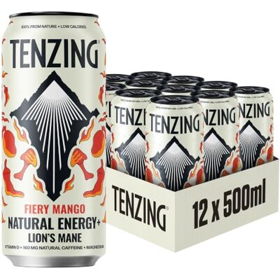TENZING Natural Energy TENZING Super Natural Energy Drink, Fiery Mango, 160MG Caffeine, Vitamin D, Magnesium, Mushrooms, Plant Based, Vegan, & Gluten Free, 500ml (Pack of 12) Packaging may vary TENZING Natural Energy TENZING Super Natural Energy Drink, Fiery Mango, 160MG Caffeine, Vitamin D, Magnesium, Mushrooms, Plant Based, Vegan, & Gluten Free, 500ml (Pack of 12) Packaging may vary
