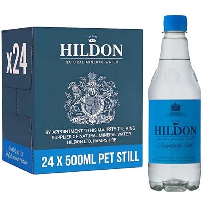 Hildon Natural Mineral Water 24 x 500ml PET bottles Delightfully Still Sourced from a natural aquifer nestled on our Chalk Valley estate Low Sodium, Naturally Alkaline, Kings Royal Warrant Hildon Natural Mineral Water 24 x 500ml PET bottles Delightfully Still Sourced from a natural aquifer nestled on our Chalk Valley estate Low Sodium, Naturally Alkaline, Kings Royal Warrant