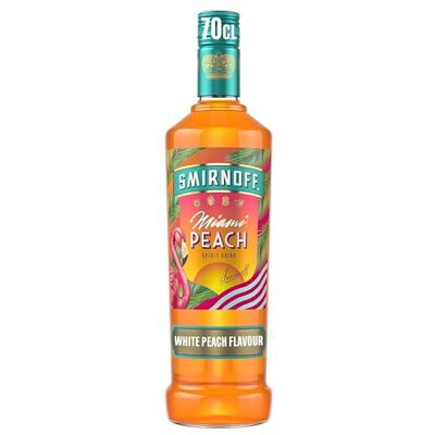 Smirnoff Miami Peach 35% vol 70cl Juicy Peach & Citrus Flavours Coral-coloured Perfect for Brunches & BBQs Smirnoff Miami Peach 35% vol 70cl Juicy Peach & Citrus Flavours Coral-coloured Perfect for Brunches & BBQs