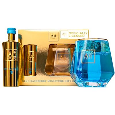 BEAMS INTERNATIONAL Au Vodka Gift Set, Blue Raspberry 5 cl, Diamond Cut Gold Glass BEAMS INTERNATIONAL Au Vodka Gift Set, Blue Raspberry 5 cl, Diamond Cut Gold Glass