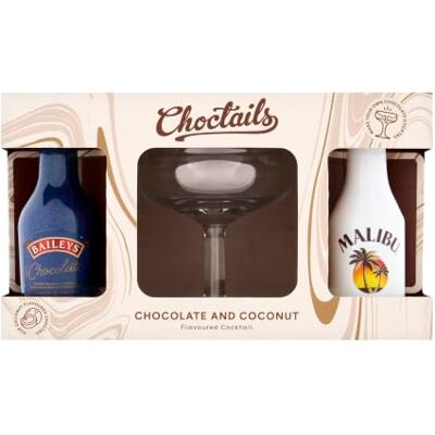 Blue Tree Choctails Chocolate & Coconut Flavoured Cocktail Gift Set 5cl Baileys Chocolate Cream Liqueur (15.7% ABV), 5cl Malibu Coconut Flavoured Rum (18%) & Dinkies Mini Coupe Glass Blue Tree Choctails Chocolate & Coconut Flavoured Cocktail Gift Set 5cl Baileys Chocolate Cream Liqueur (15.7% ABV), 5cl Malibu Coconut Flavoured Rum (18%) & Dinkies Mini Coupe Glass