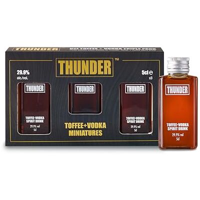 THUNDER Toffee Vodka Flavoured Vodka Mixed with Toffee Premium Vodka Bottled and Distilled Five Times Crafted in the UK 29.9% ABV 3 x 5cl Bottles THUNDER Toffee Vodka Flavoured Vodka Mixed with Toffee Premium Vodka Bottled and Distilled Five Times Crafted in the UK 29.9% ABV 3 x 5cl Bottles