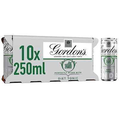 Gordon's London Dry Gin & Diet Tonic 5% vol 10 x 250ml Can Ready to Drink Gin & Tonic Cans Juniper & Gin Botanicals Best Served Chilled from the Can or in a Gin Glass Gordon's London Dry Gin & Diet Tonic 5% vol 10 x 250ml Can Ready to Drink Gin & Tonic Cans Juniper & Gin Botanicals Best Served Chilled from the Can or in a Gin Glass